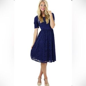Mikarose Navy Blue Lace 3/4 Sleeve Modest Knee Length Dress | Size M